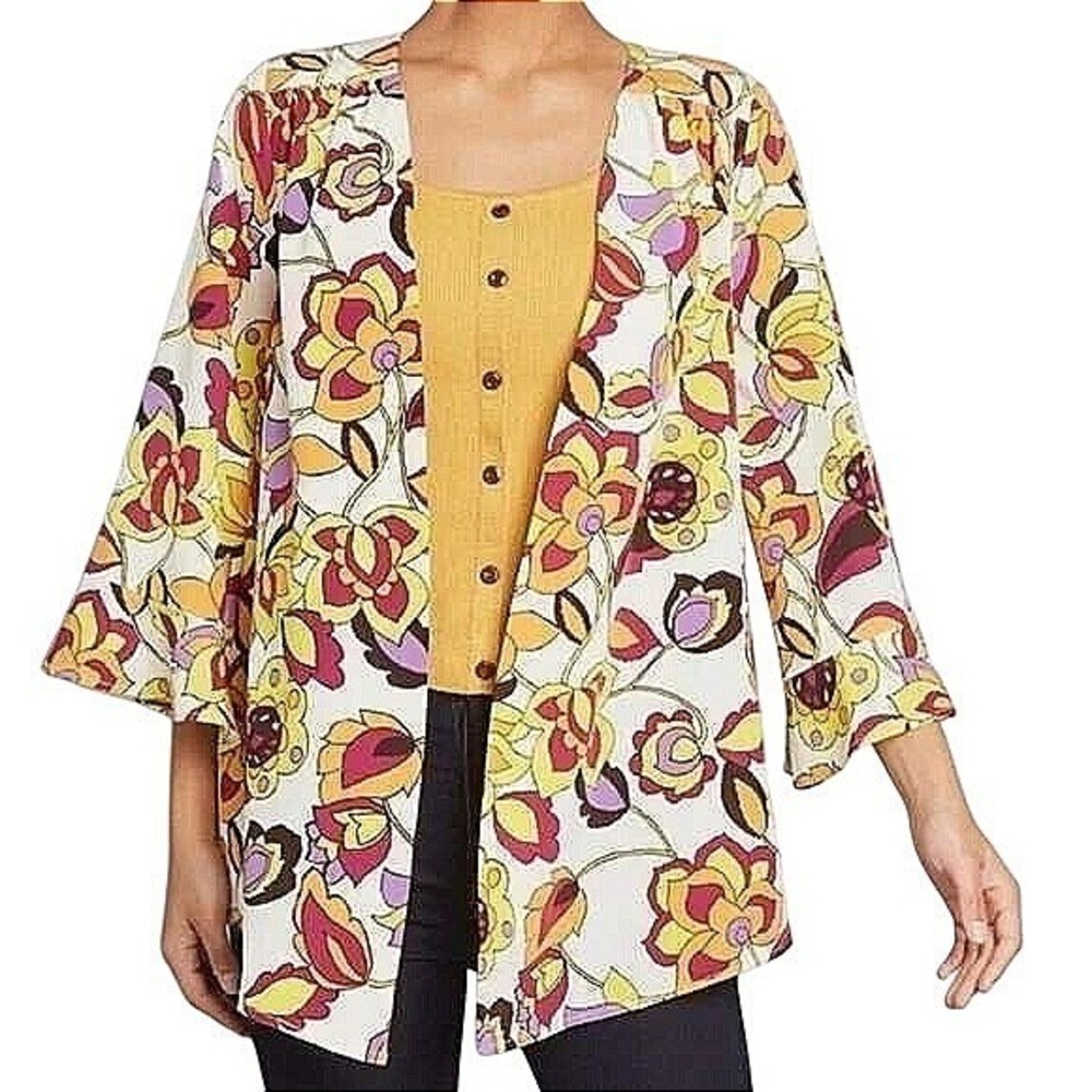 ModCloth Womens Retro Floral Kimono Open Front Bell Sleeve Cardigan XXS/XS New